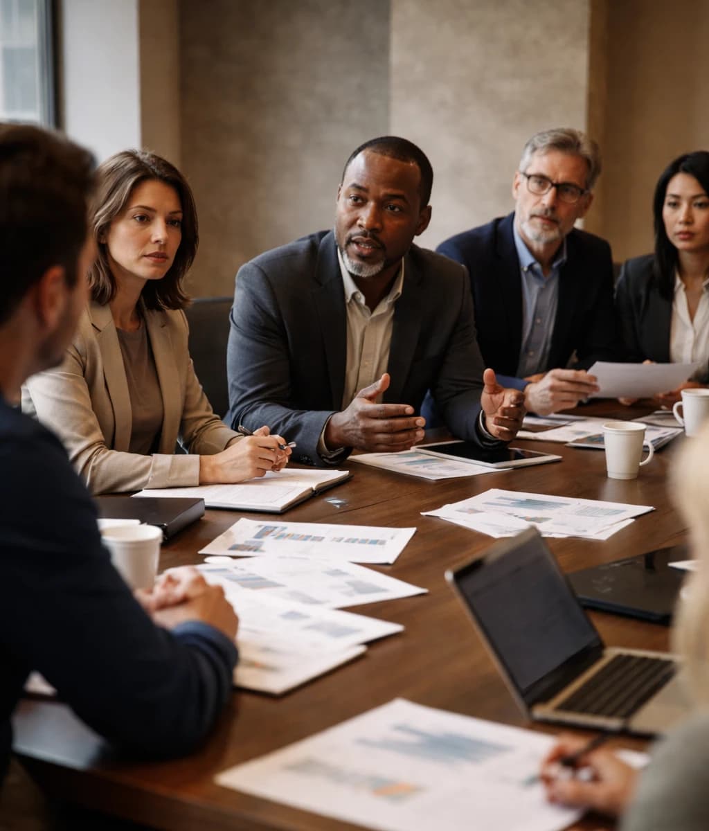 Leadership team in a strategy and accountability discussion